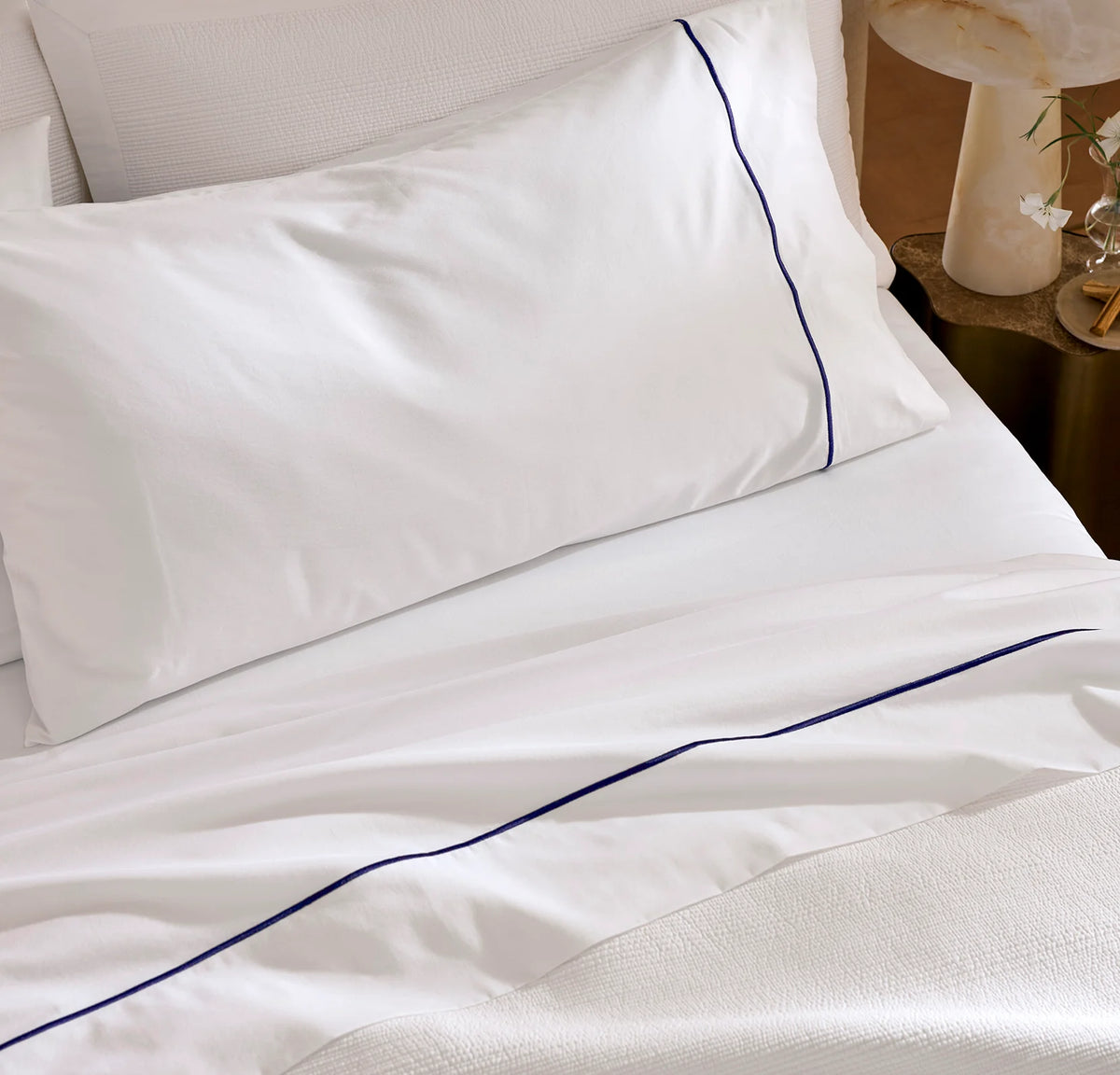 Signature Embellished Pillowcase Set - White/Coastal Navy Embroidered