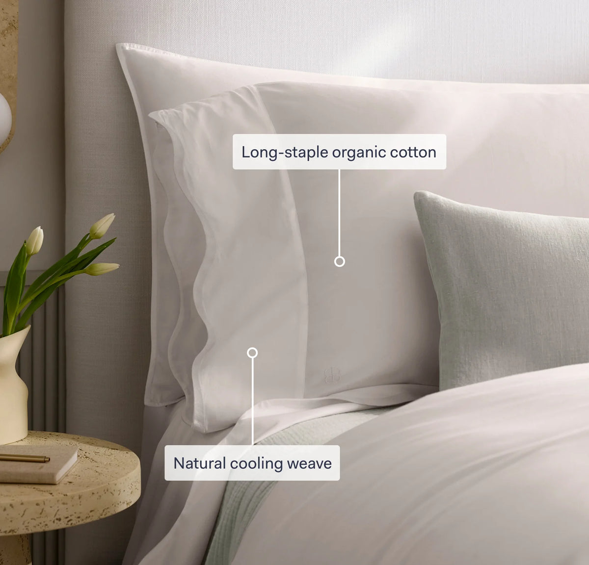 Percale Embellished Pillowcase Set - Cream/Sand Curved Edge