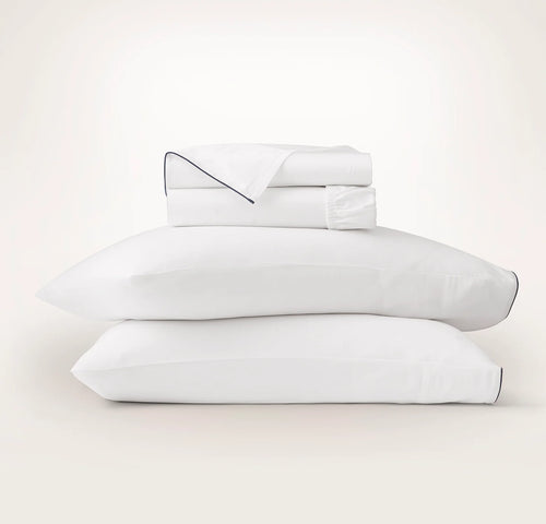 Signature Embellished Sheet Set - White/Coastal Navy Piped Edge