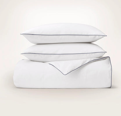 Percale Embellished Duvet Set - White/Coastal Navy Piped Edge