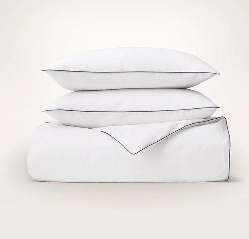 Percale Embellished Duvet Set - White/Coastal Navy Piped Edge