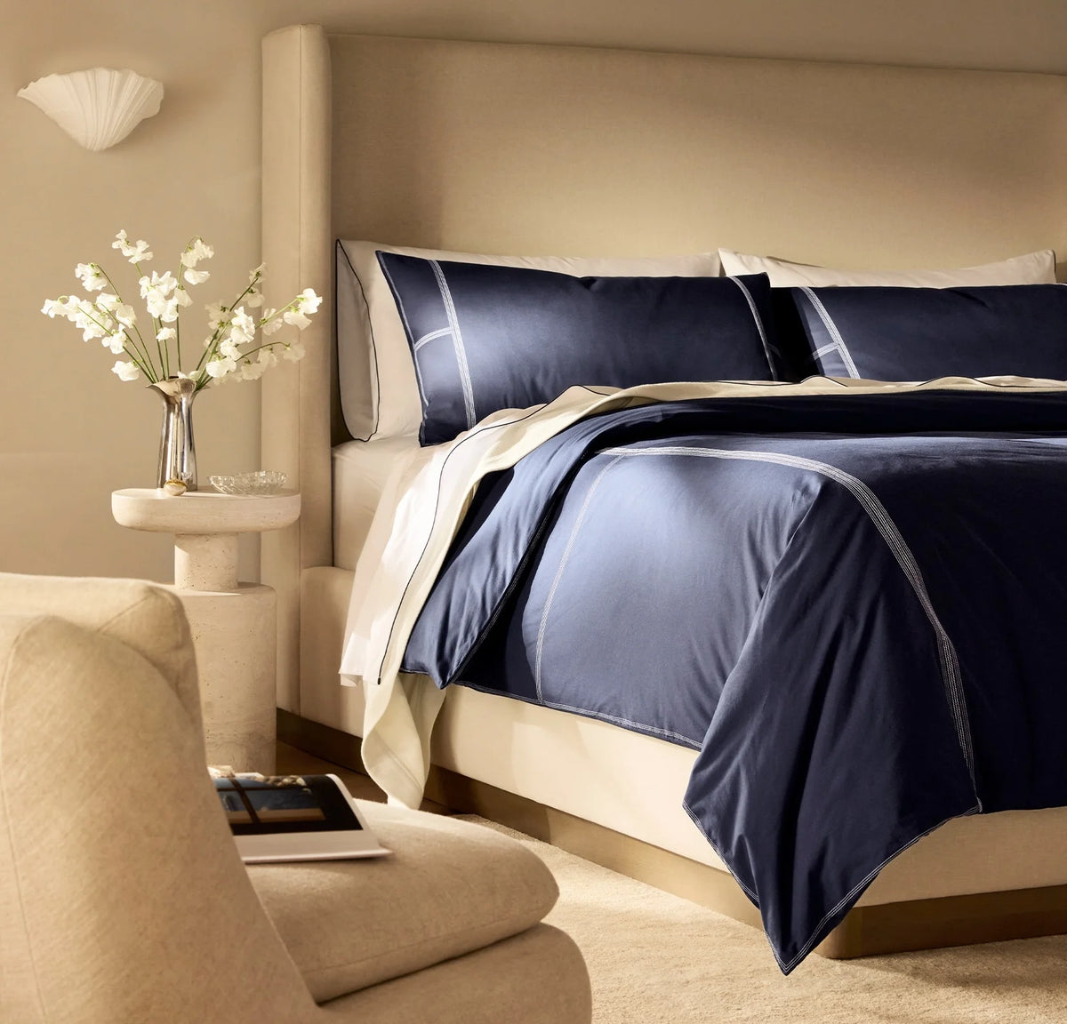 Percale Embellished Duvet Set - Coastal Navy/White Sail Stitch