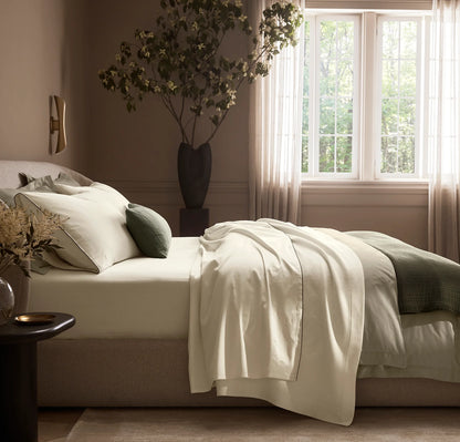 Signature Embellished Sheet Set - Cream/Olivine Piped Edge