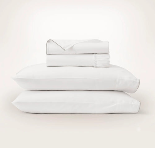 Percale Embellished Sheet Set - White/Pewter Piped Edge