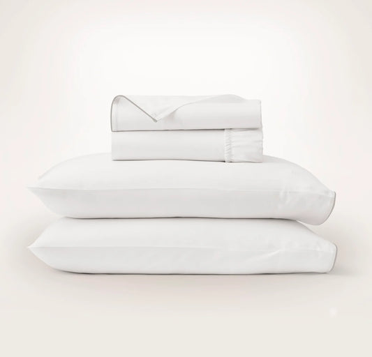 Percale Embellished Sheet Set - White/Pewter Piped Edge