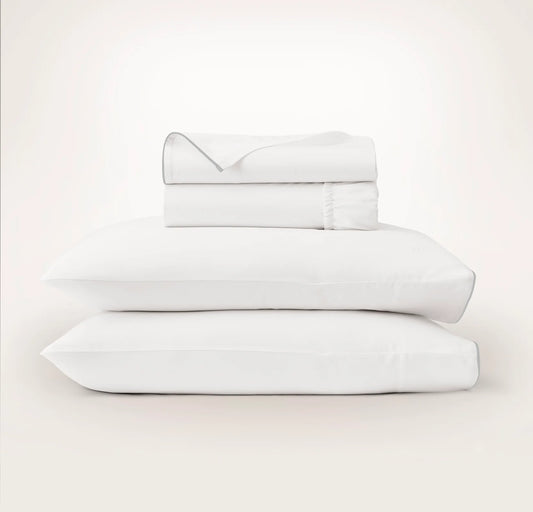 Signature Embellished Sheet Set - White/Shore Piped Edge