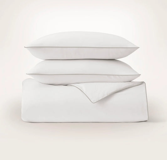 Percale Embellished Duvet Set - White/Pewter Piped Edge