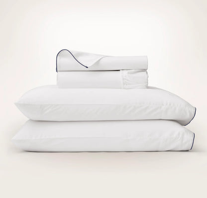 Percale Embellished Sheet Set - White/Coastal Navy Piped Edge