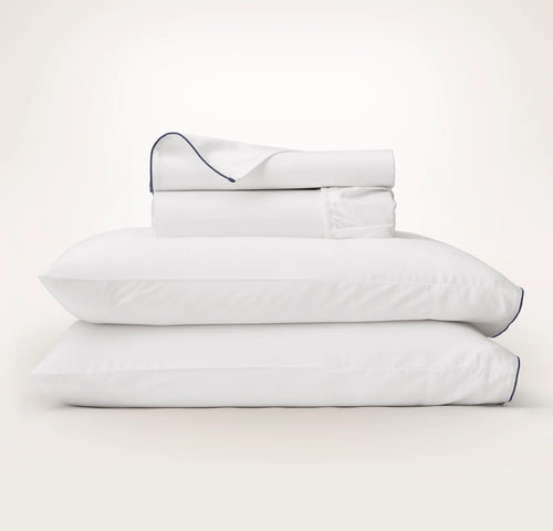 Percale Embellished Sheet Set - White/Coastal Navy Piped Edge
