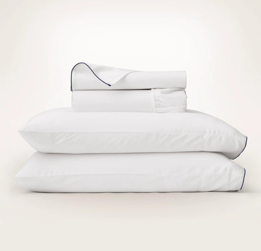 Percale Embellished Sheet Set - White/Coastal Navy Piped Edge