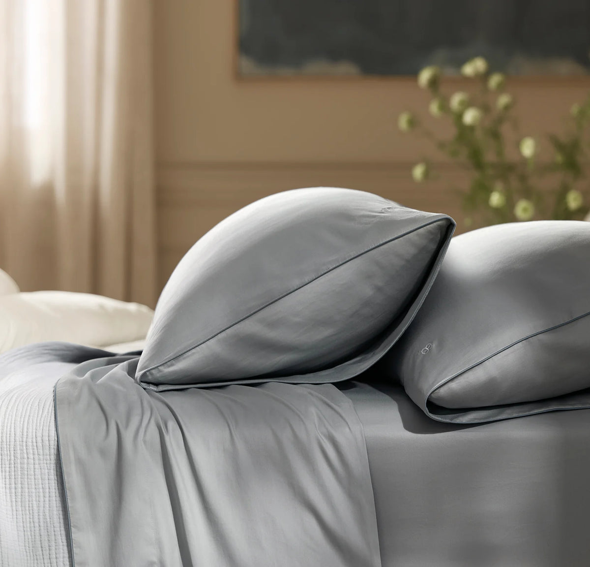 Signature Embellished Sheet Set - Shore/Bluestone Piped Edge
