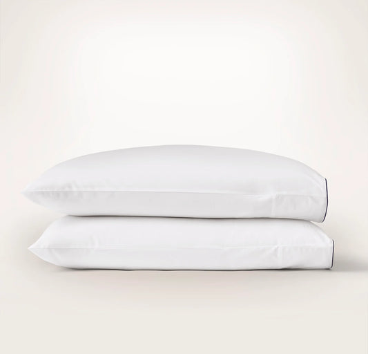 Percale Embellished Pillowcase Set - White/Coastal Navy Piped Edge