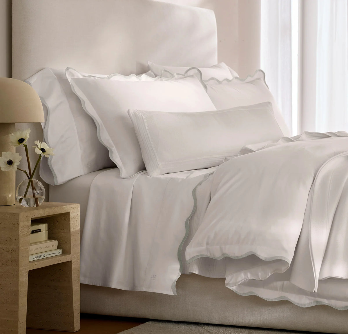 Signature Embellished Duvet Set - White/Mist Curved Edge