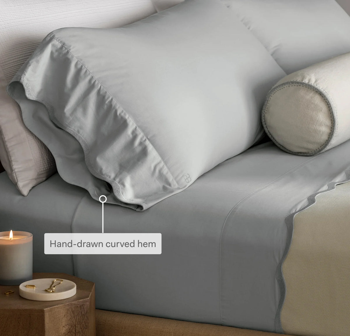 Percale Embellished Pillowcase Set - Shore/Shore Curved Edge