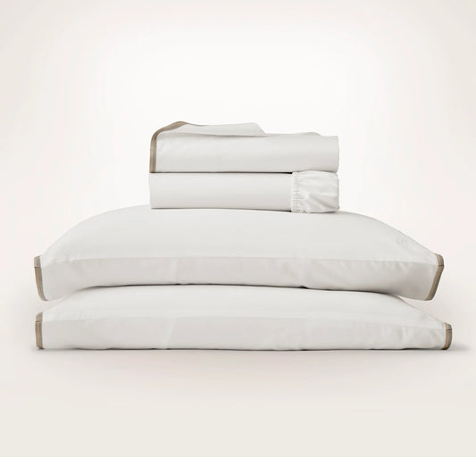 Percale Embellished Sheet Set - White/Pewter/Oak Trielle