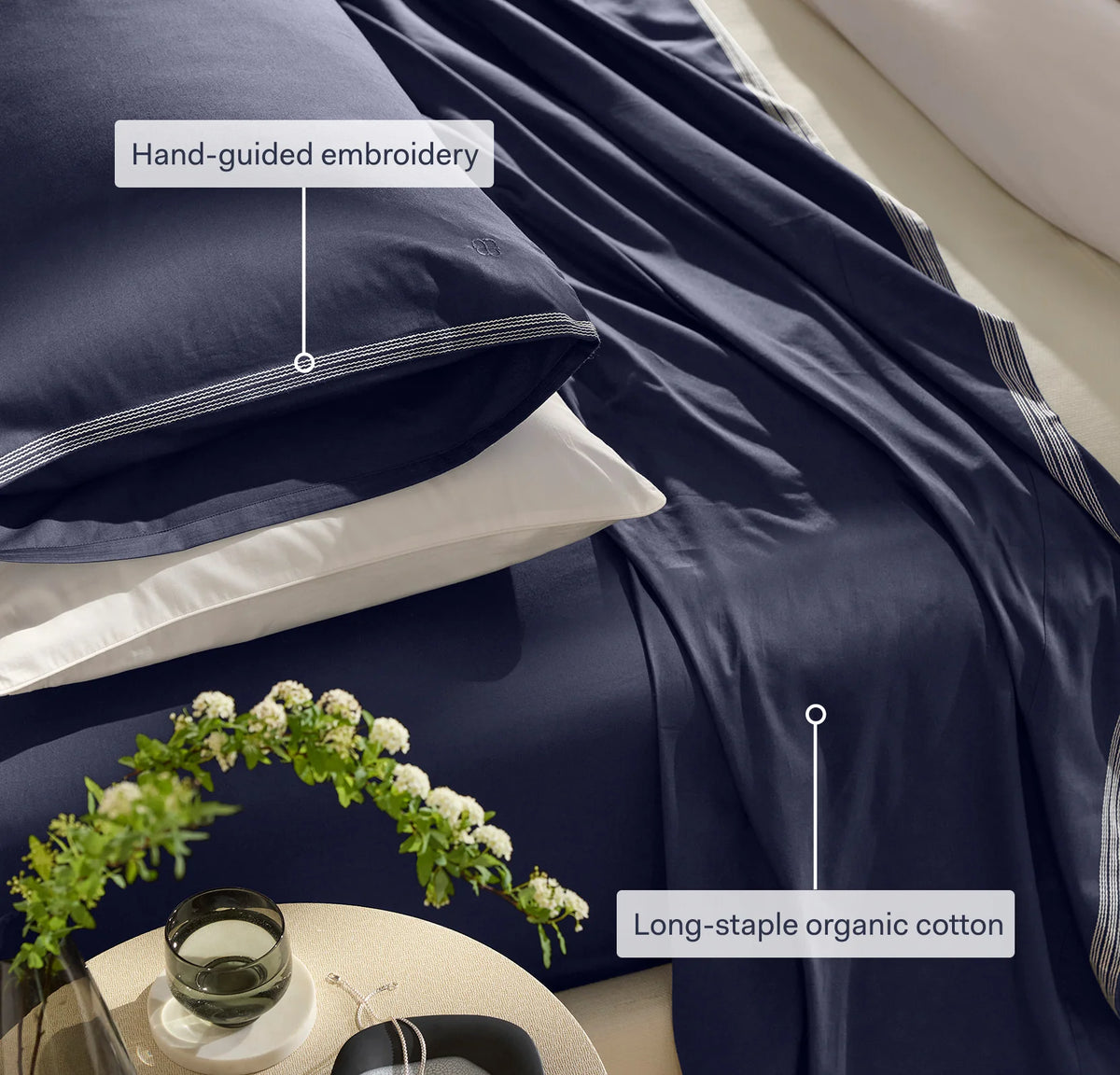 Percale Embellished Pillowcase Set - Coastal Navy/White Sail Stitch