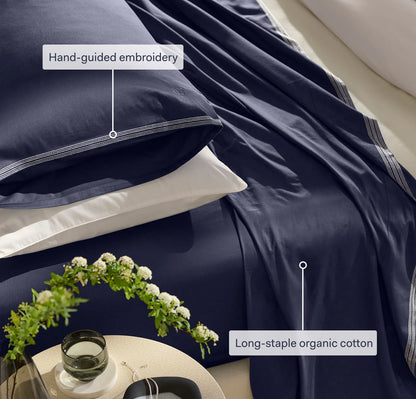 Percale Embellished Pillowcase Set - Coastal Navy/White Sail Stitch