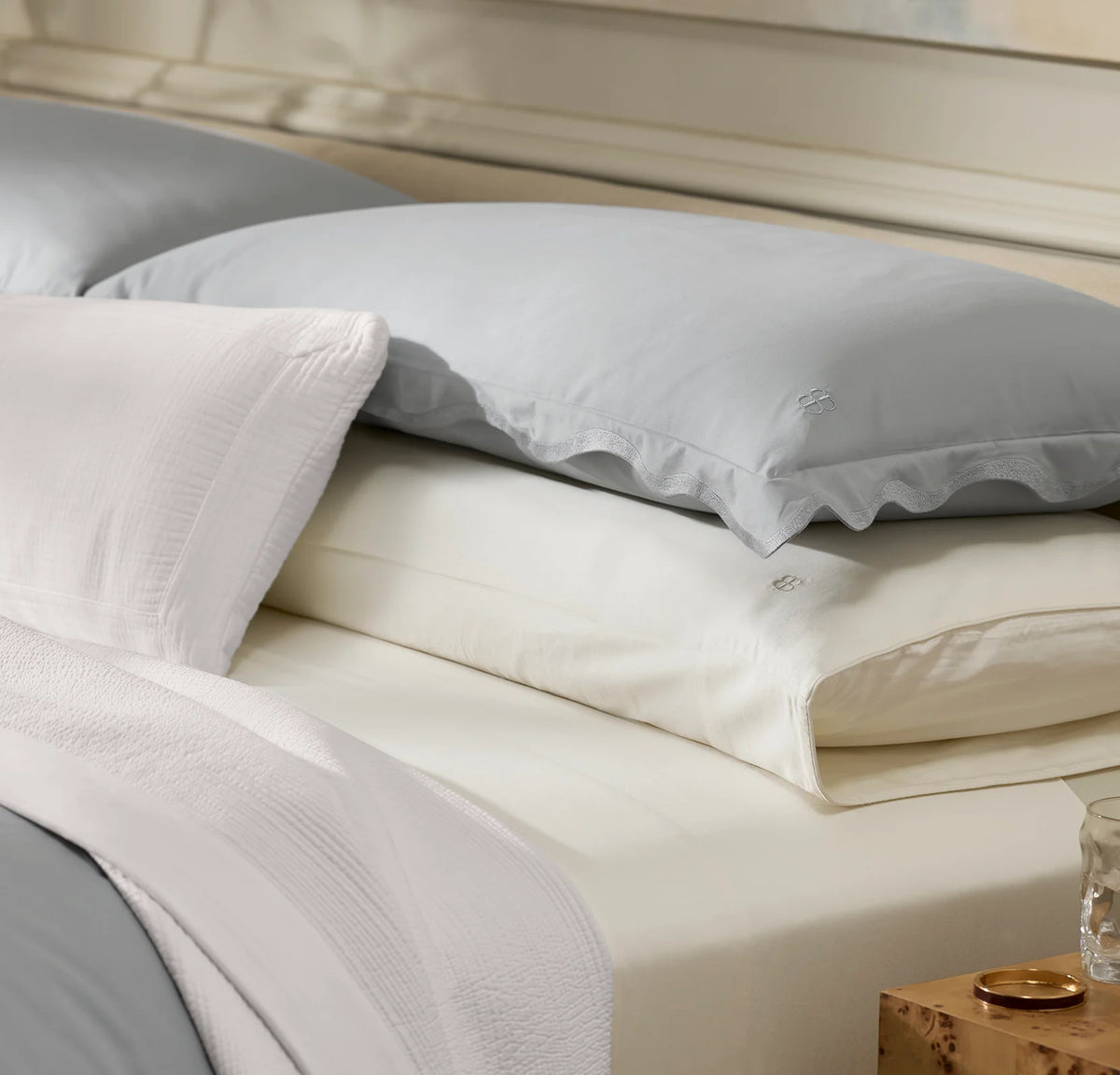 Percale Embellished Duvet Set - Shore/Shore Curved Edge