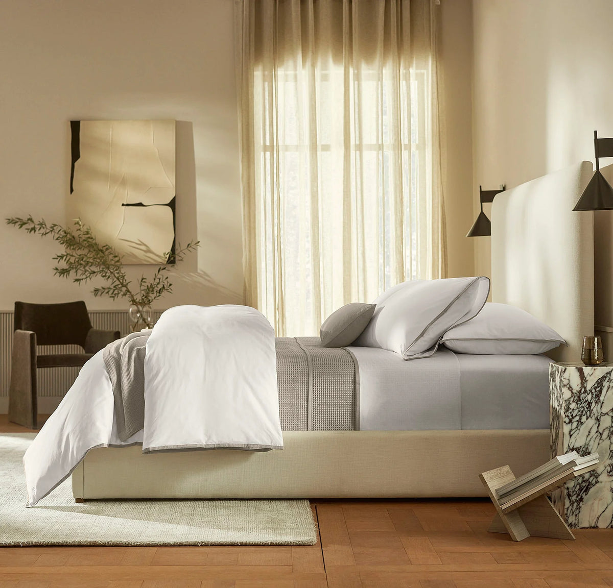 Percale Embellished Sheet Set - White/Pewter Framed
