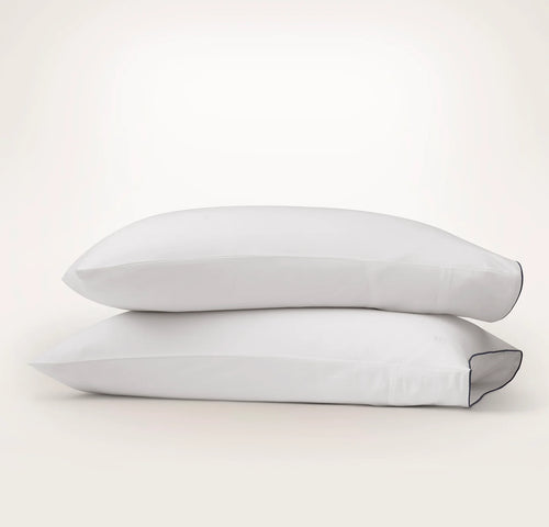 Signature Embellished Pillowcase Set - White/Coastal Navy Piped Edge