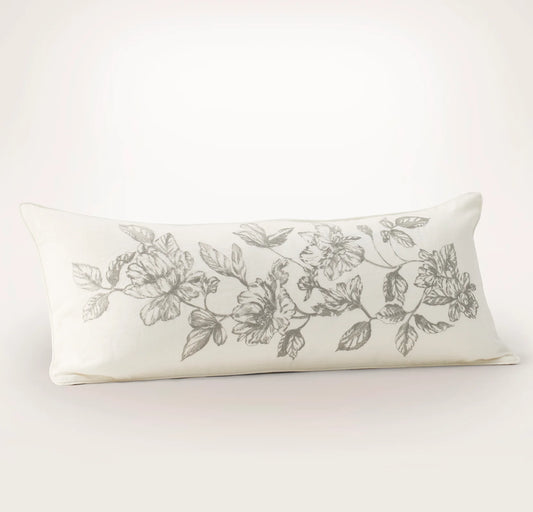 Etched Peony Pillow Cover - Cream/Pewter