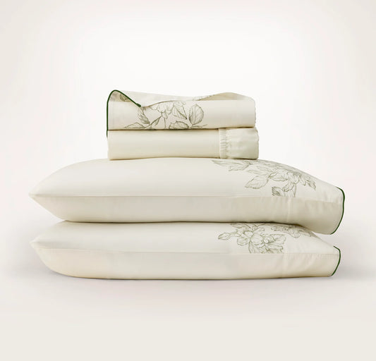 Signature Embellished Sheet Set - Cream/Olivine Etched Peony Piped Edge