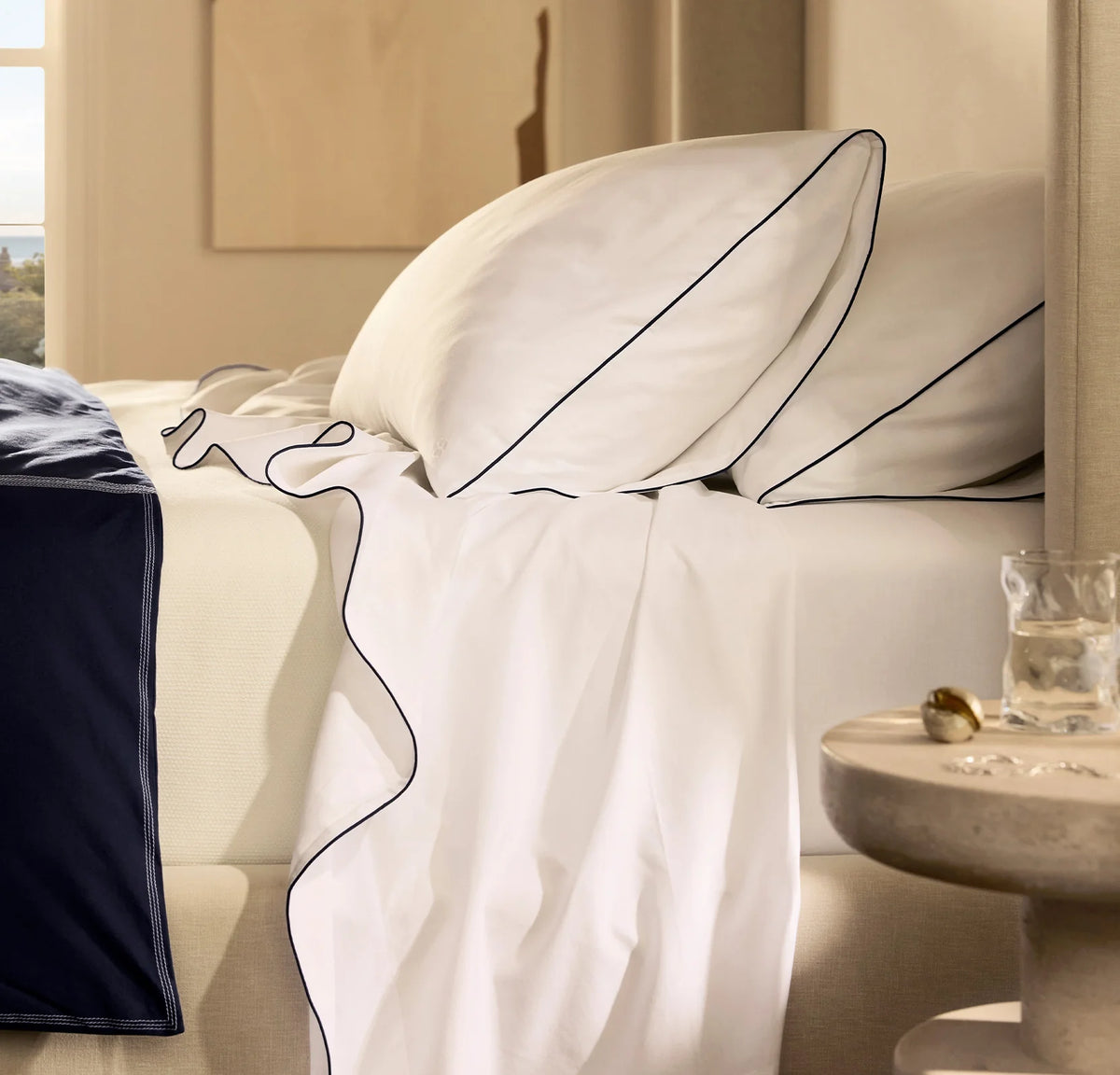 Signature Embellished Pillowcase Set - White/Coastal Navy Piped Edge