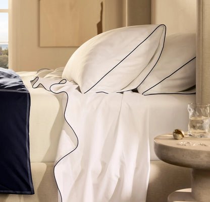 Signature Embellished Sheet Set - White/Coastal Navy Piped Edge