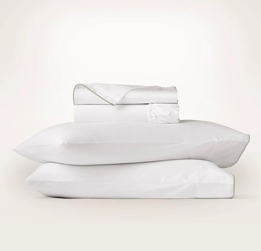 Signature Embellished Sheet Set - White/Pewter Piped Edge