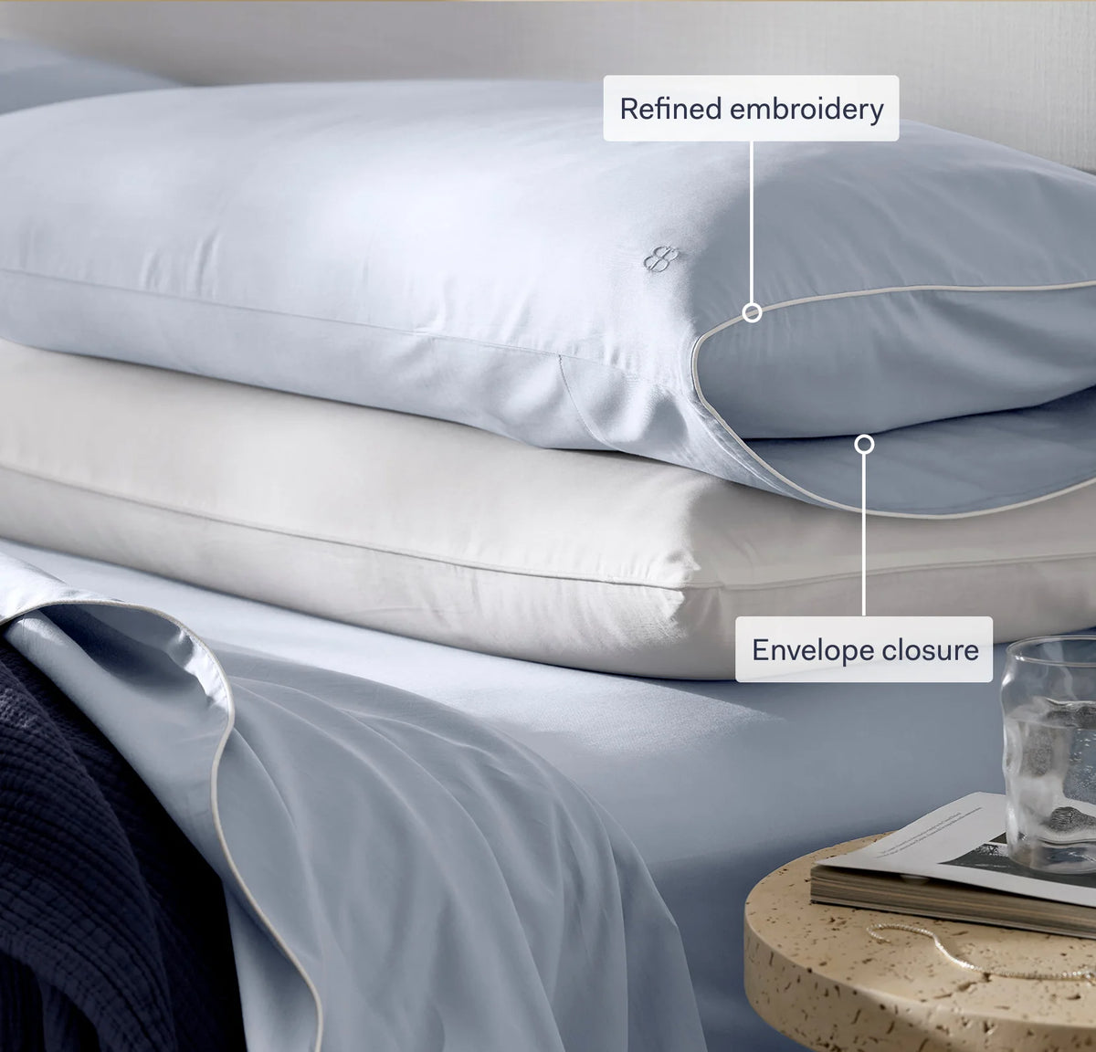 Percale Embellished Pillowcase Set - White/Pewter Piped Edge