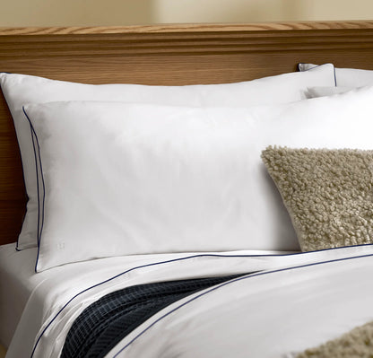 Signature Embellished Pillowcase Set - White/Coastal Navy Piped Edge