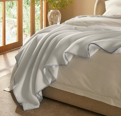 Waffle Bed Blanket - White/Hydrangea Whipstitch