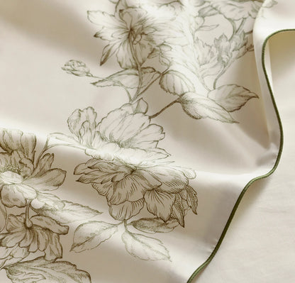 Signature Embellished Sheet Set - Cream/Olivine Etched Peony Piped Edge