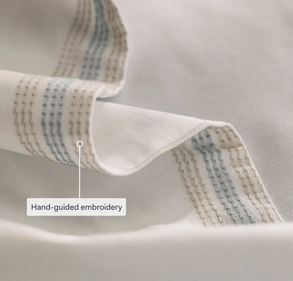 Percale Embellished Sheet Set - White/Shore/Sand Sail Stitch