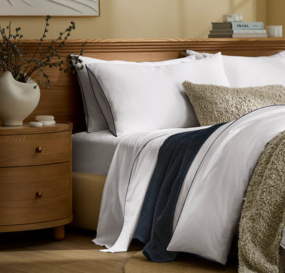 Signature Embellished Pillowcase Set - White/Coastal Navy Piped Edge