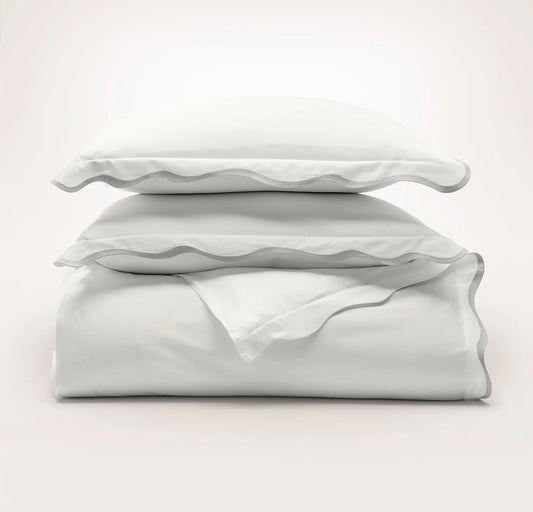 Signature Embellished Duvet Set - White/Mist Curved Edge