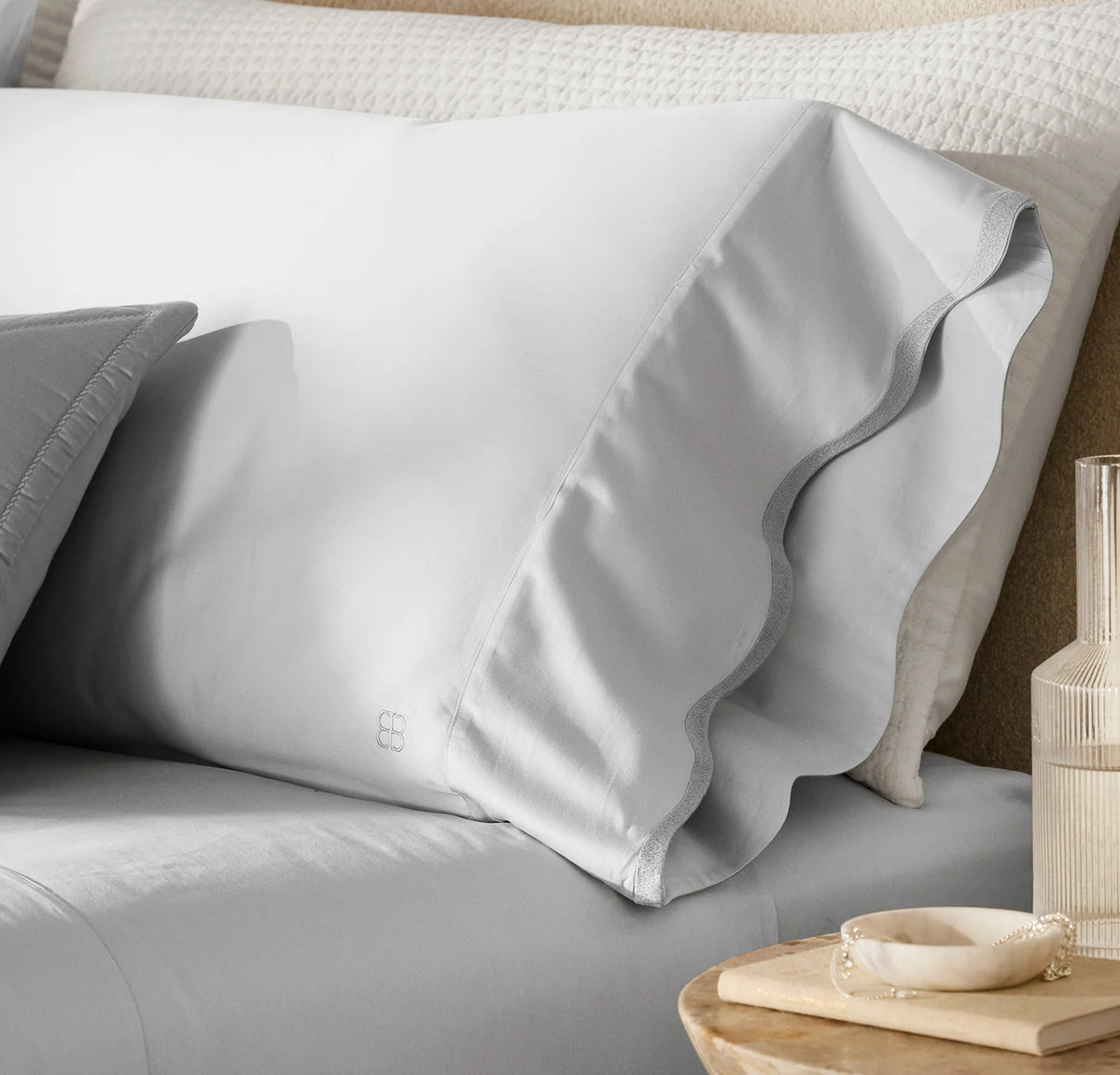 Signature Embellished Pillowcase Set - Sky/Shore Curved Edge