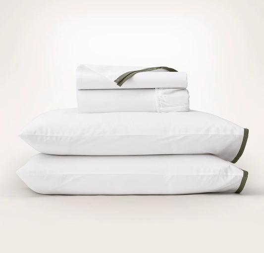 Percale Embellished Sheet Set - White/Juniper Framed
