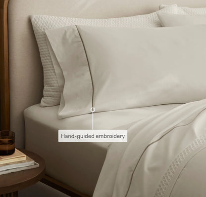 Percale Embellished Pillowcase Set - White/Mineral Embroidered