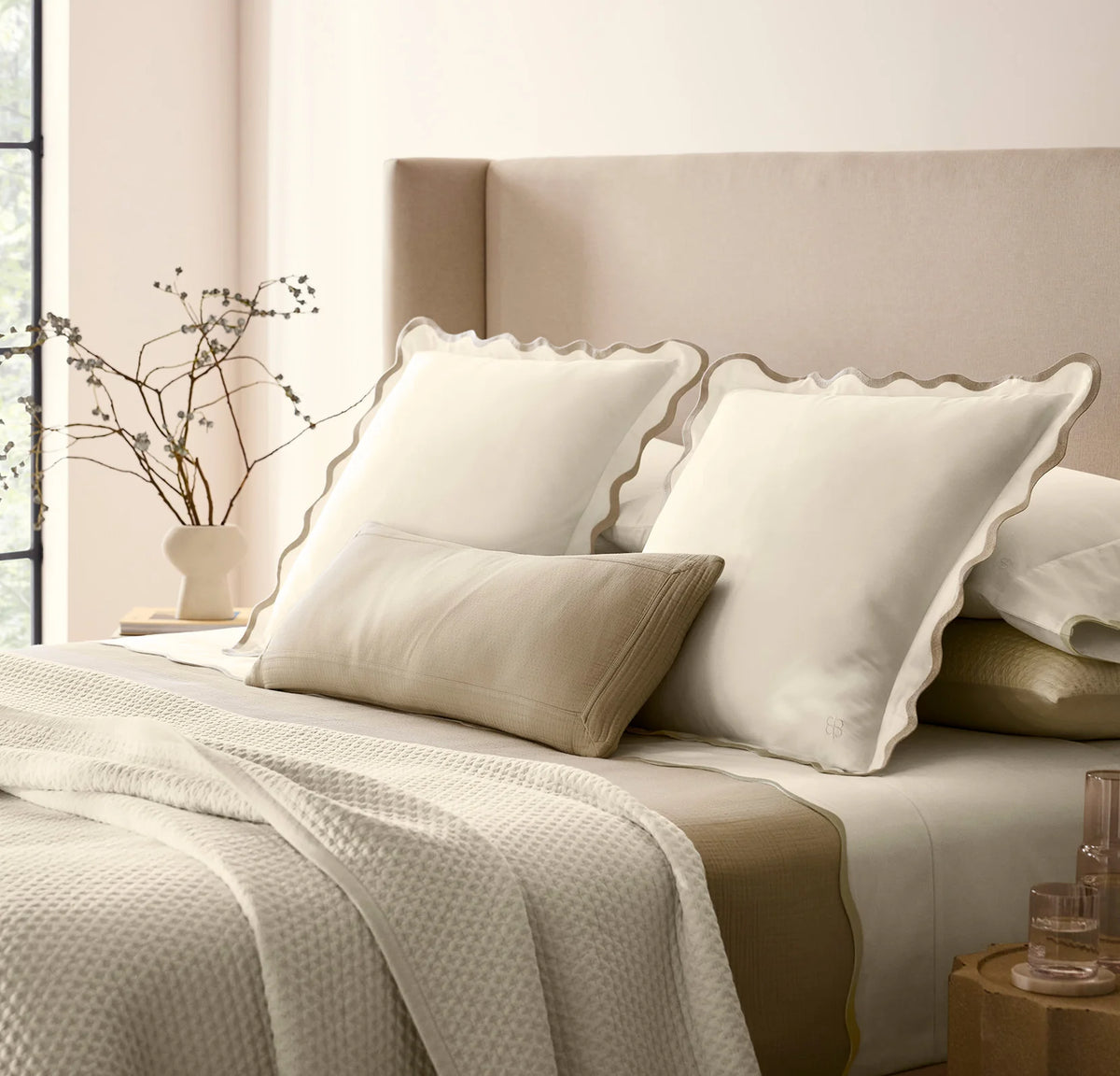 Signature Embellished Sham - Cream/Sand Curved Edge