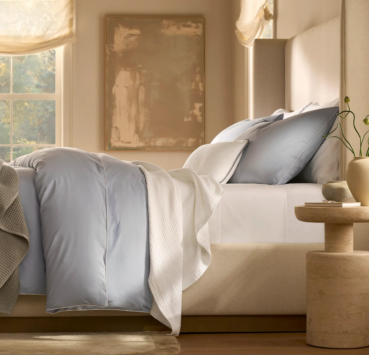 Percale Embellished Duvet Set - Hydrangea/White Piped Edge