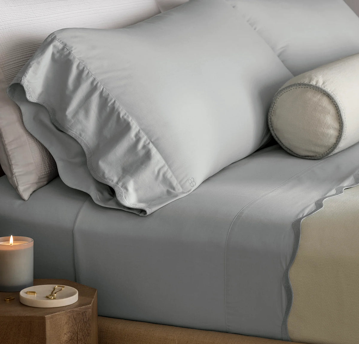 Signature Embellished Pillowcase Set - Shore/Shore Curved Edge