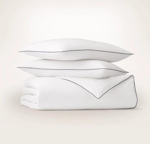 Signature Embellished Duvet Set - White/Coastal Navy Piped Edge
