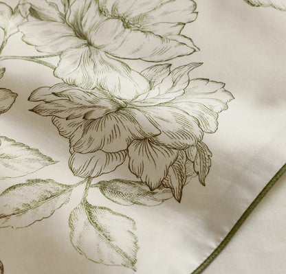 Signature Embellished Sheet Set - Cream/Olivine Etched Peony Piped Edge