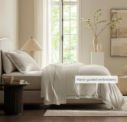 Percale Embellished Duvet Set - White/Mineral Embroidered