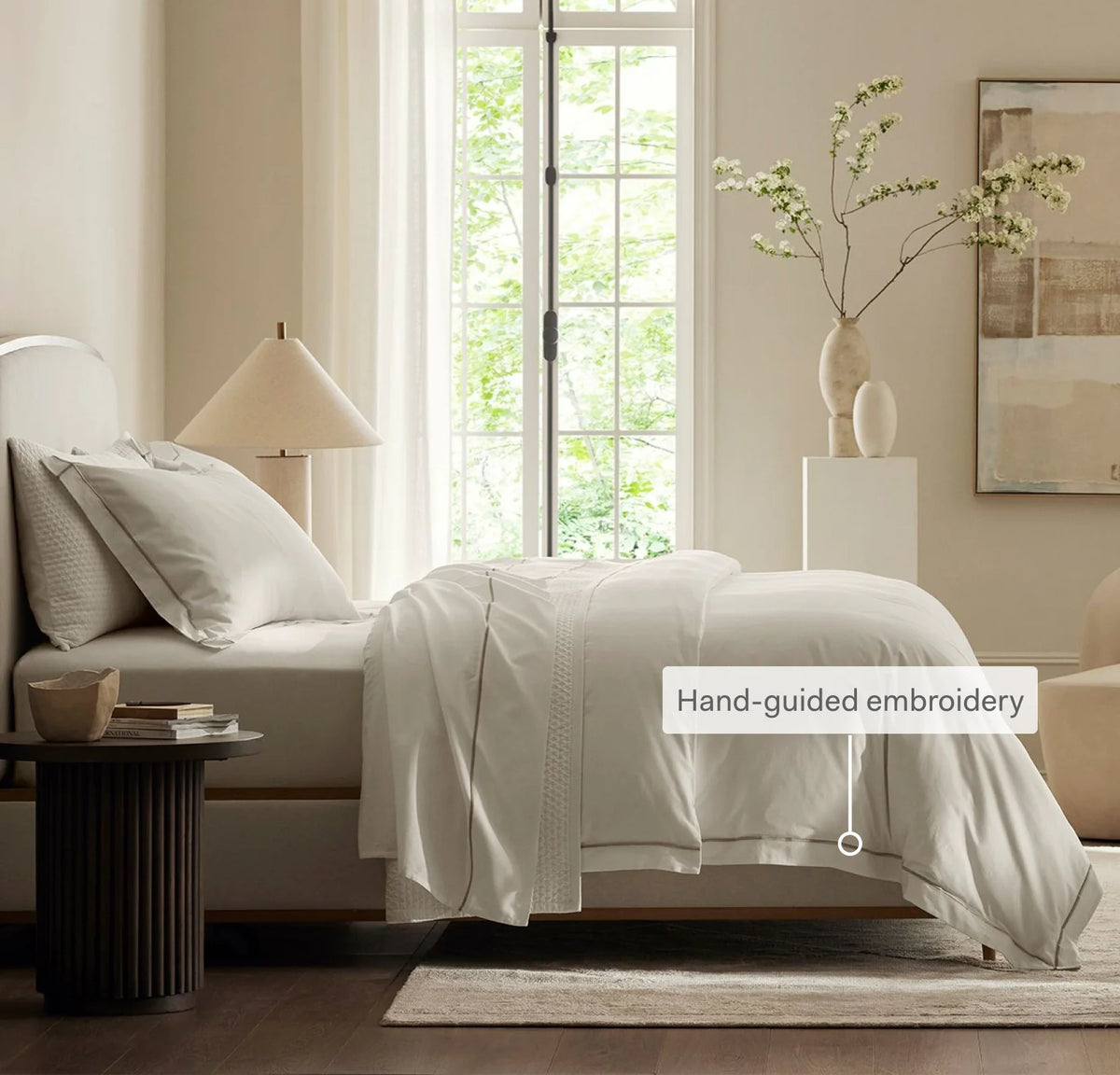 Percale Embellished Duvet Set - White/Oak Embroidered