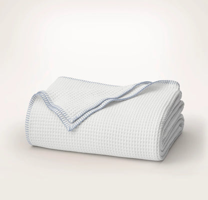 Waffle Bed Blanket - White/Hydrangea Whipstitch