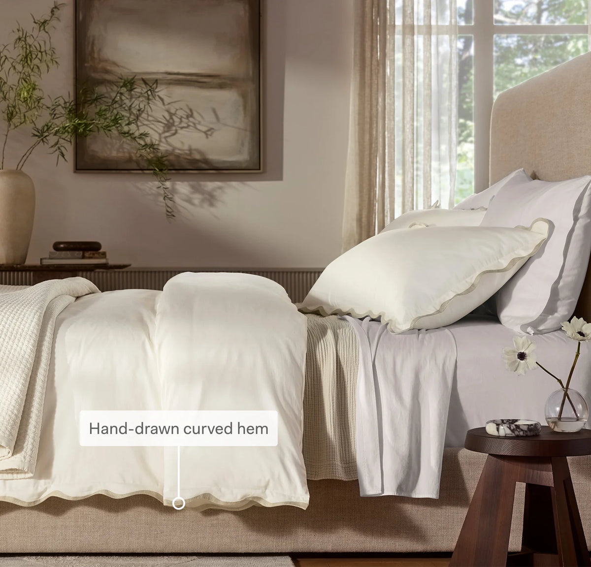 Percale Embellished Duvet Set - Cream/Sand Curved Edge