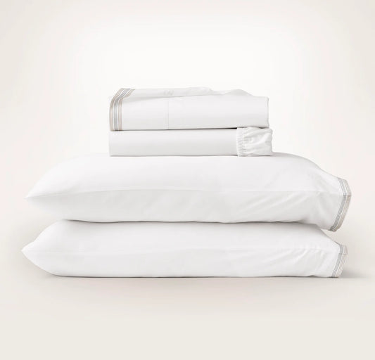 Percale Embellished Sheet Set - White/Shore/Sand Sail Stitch
