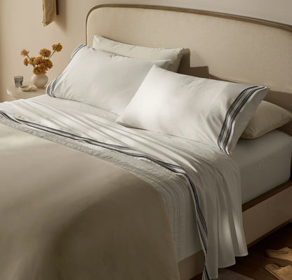 Signature Embellished Sheet Set - White/Mineral Ladder Stitch